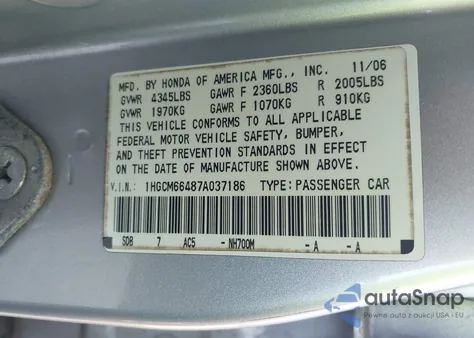 2007 Honda Accord 3.0 Se from USA, damaged, VIN 1HGCM66487A037186